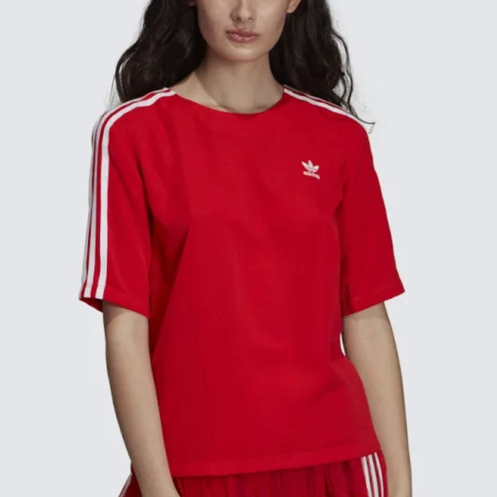 ADIDAS Originals T-shirt Women’s Top Red 3 Stripes Tee Zip Back NWT